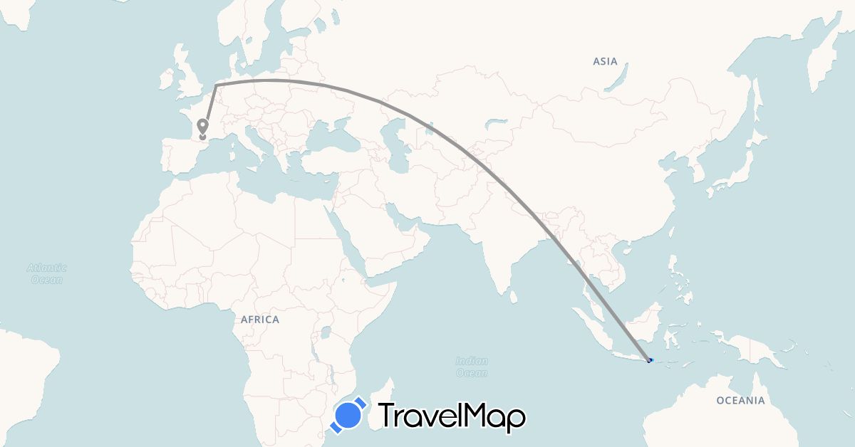 TravelMap itinerary: driving, plane, cycling, boat in France, Indonesia, Netherlands (Asia, Europe)